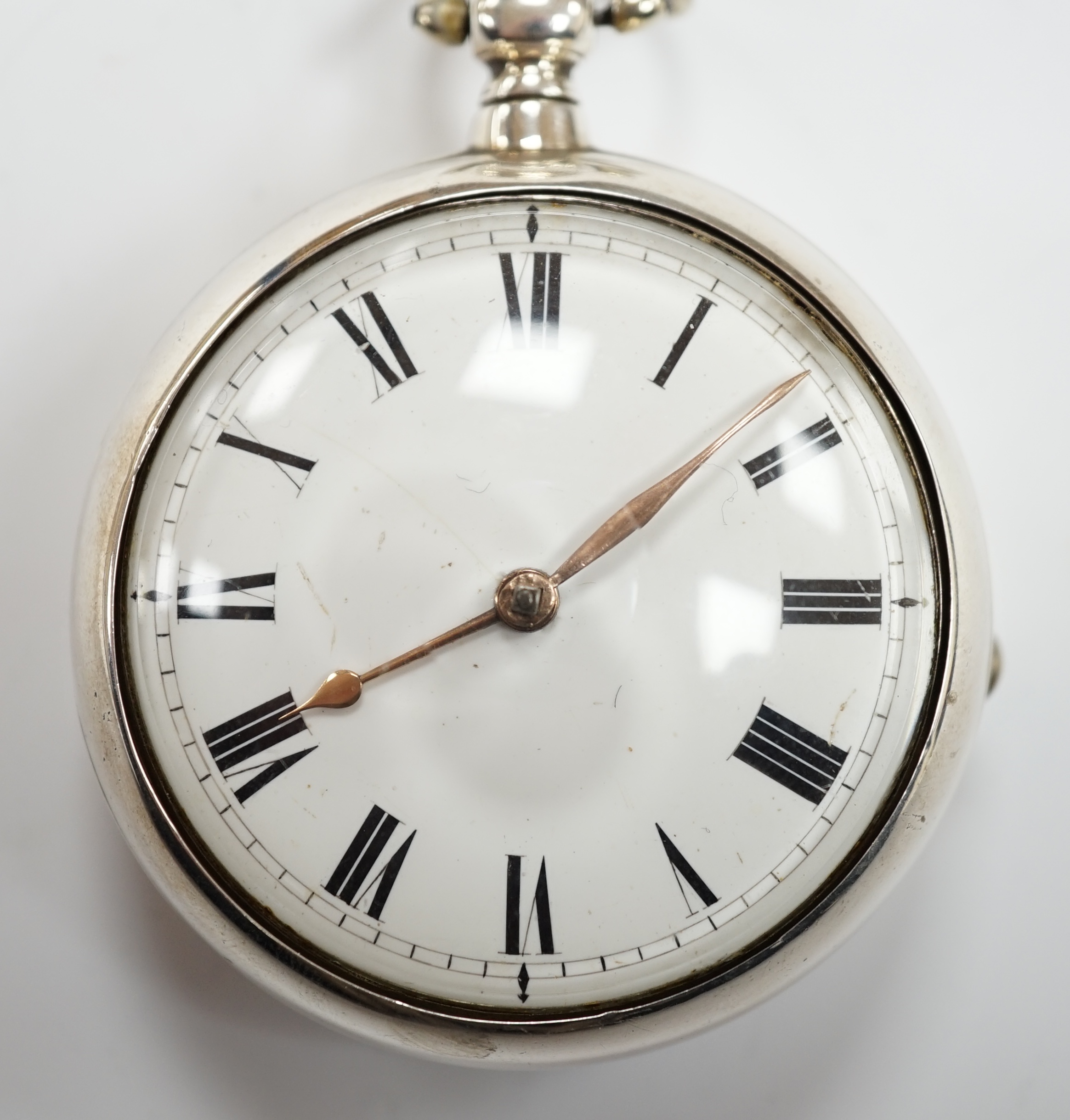 A George III silver pair cased keywind verge pocket watch, by W, Atwood of Lewes, with Roman dial and signed movement numbered 4644, outer case diameter 56mm.
